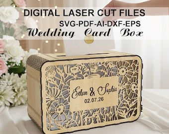 Boîte pour cartes de mariage SVG · Porte-cartes floral personnalisable · Fichiers découpés au laser · Téléchargement numérique