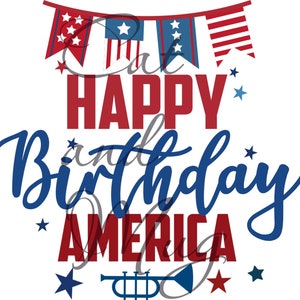 Op de afbeelding: Happy Birthday America! Rood-wit-blauwe vlaggetjes met sterren hangen boven de tekst. Een gouden trompet met een blauwe bel bevindt zich onder de tekst.