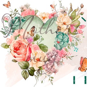 May include: A watercolor illustration of a heart-shaped floral arrangement with pink, white, and green flowers, butterflies, and greenery. The heart is surrounded by a light green background.