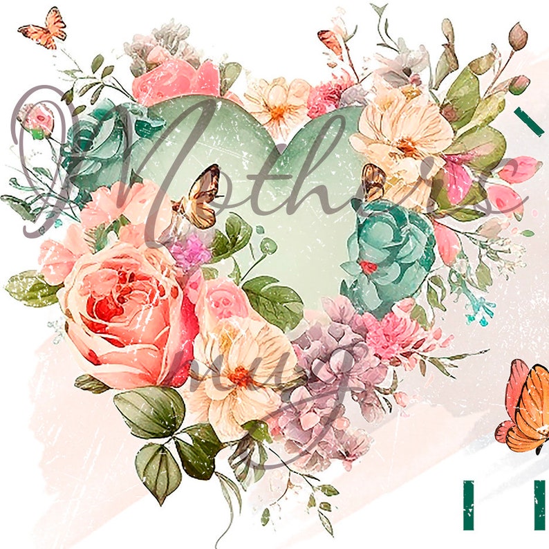 May include: A watercolor illustration of a heart-shaped floral arrangement with pink, white, and green flowers, butterflies, and greenery. The heart is surrounded by a light green background.