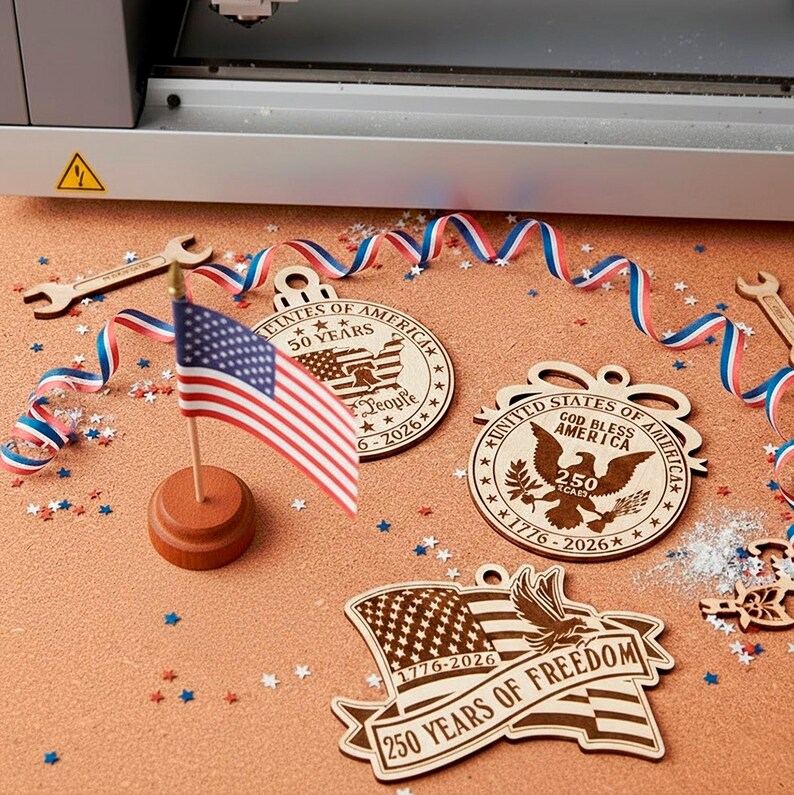 Peut inclure: Ornements patriotiques en bois avec le texte "United States of America" et "250 Years of Freedom". Un drapeau am&eacute;ricain et un ruban rouge, blanc et bleu sont &eacute;galement pr&eacute;sents. Les ornements sont sur une surface orange mouchet&eacute;e.