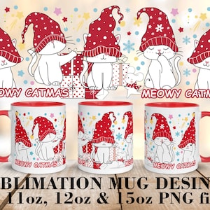 Meowy Catmas mug wrap PNG Cat Christmas coffee mug png Cute cats 11oz, 12oz, 15oz Mug Sublimation designs PNG Files