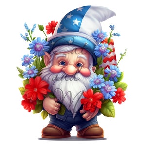 Op de afbeelding: Een kabouter met een blauw-witte hoed met sterren, die een boeket rode en blauwe bloemen vasthoudt. De kabouter draagt een blauwe overall en bruine schoenen.