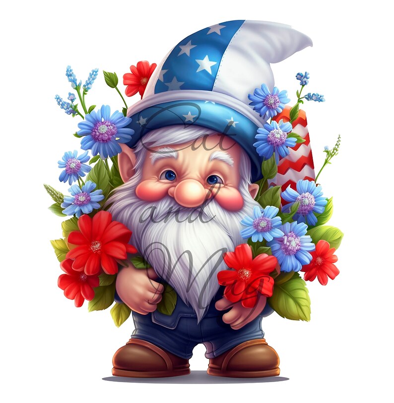 Op de afbeelding: Een kabouter met een blauw-witte hoed met sterren, die een boeket rode en blauwe bloemen vasthoudt. De kabouter draagt een blauwe overall en bruine schoenen.