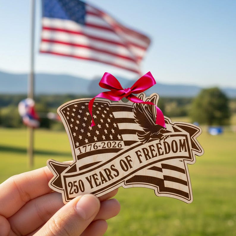 Peut inclure: Ornement en bois avec un drapeau am&eacute;ricain, le texte indique "1776-2026" et "250 YEARS OF FREEDOM." Il est orn&eacute; d'un ruban rose. Un drapeau am&eacute;ricain flotte en arri&egrave;re-plan.