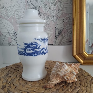 Può includere: Vaso in ceramica bianca con un designo di drago blu e bianco. Il vaso ha un coperchio ed è appoggiato su un tappetino intrecciato con una conchiglia.