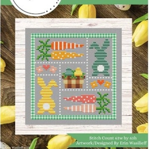 May include: Cross stitch pattern featuring a gray background with a green, white, and yellow checkered border. The pattern includes a basket of eggs, carrots, and two bunnies. The text "EASTER PATCH" is at the top of the image.