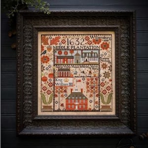 May include: A framed cross-stitch sampler featuring the text 1632, Middle Plantation, Williamsburg 1699, King William III, and names like George Wythe, Thomas Jefferson, and Patrick Henry, surrounded by orange, brown, and green floral and building motifs.