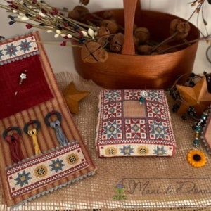 May include: Three needlepoint pieces with a sunflower theme. A red and white striped needle minder with three spools of thread, a square needlepoint pincushion with a geometric pattern, and a small sunflower needlepoint ornament.