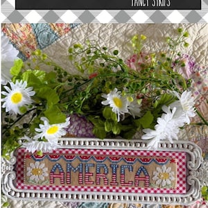 May include: A rectangular cross-stitch embroidery piece featuring the word AMERICA in red, white, and blue, flanked by two white daisies. The embroidery is mounted in a white ornate frame over a red and white gingham fabric background.
