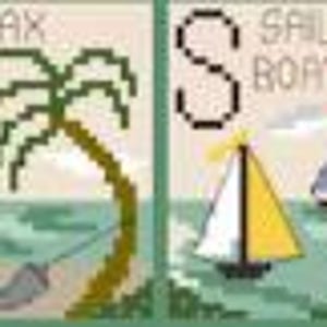 May include: A pixelated illustration featuring the letters Q, R, S, and T, each with a corresponding image. The images include a quilt, a sailboat, a palm tree, and a turtle. The color palette is primarily green, blue, and beige.