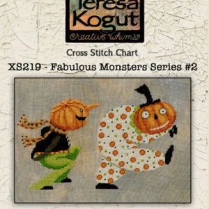 May include: Cross stitch pattern chart for "Fabulous Monsters Series #2" featuring two pumpkin-headed characters, "Groovy Gary" and "Frightened Fred". The chart is by Teresa Kogut, Creative Whims. The pattern is 4.5 inches by 5 inches for Gary and 4.5 inches by 6 inches for Fred. The pattern is stitched 2 over 2 on 32 count linen.