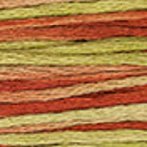 May include: A close-up of a multi-colored yarn with stripes of red, orange, yellow, and green.