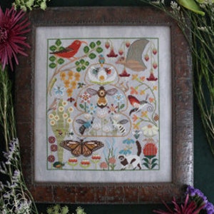 May include: A cross-stitch embroidery design featuring a variety of colorful flowers, birds, and insects. The design is framed in a brown wooden frame.