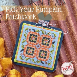 May include: A cross-stitch pattern of a pumpkin with a patchwork design. The pumpkin is orange and black with a green stem. The background is blue with green leaves. The text "Pick Your Pumpkin Patchwork" is at the top of the image.
