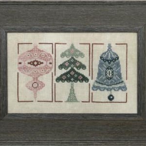 May include: A framed cross-stitch design featuring three stylized Christmas ornaments. The ornaments are a pink and white star, a green and white tree, and a blue and white bell.