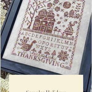 May include: A framed cross-stitch sampler with a Thanksgiving theme. The design features a house, turkey, and floral elements in shades of brown and burgundy. The word "THANKSGIVING" is stitched at the bottom, and the alphabet is stitched above.
