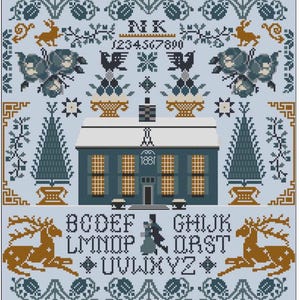 May include: A cross-stitch sampler on a light blue background featuring a central house with the year 1881, flanked by two evergreen trees. The design includes the alphabet, numbers 1-0, two deer, birds, floral motifs, and a small figure.