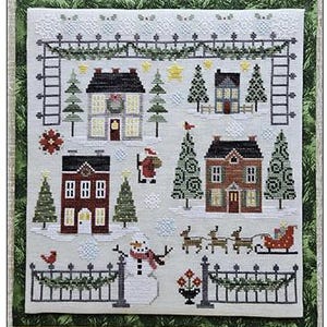 May include: A cross-stitch design featuring a winter village scene with houses, trees, and a snowman. The design includes a fence, Santa Claus, and a sleigh with reindeer. The color palette includes red, green, white, and black.