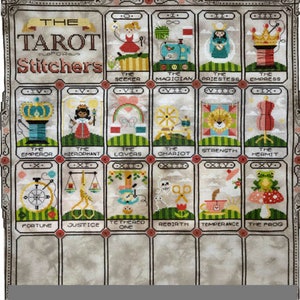 May include: A colorful cross-stitch pattern featuring the Tarot cards. Each card is illustrated with a unique design, including a seeker, magician, priestess, empress, emperor, hierophant, lovers, chariot, strength, hermit, fortune, justice, tethered one, rebirth, temperance, and the frog.
