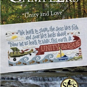 May include: Cross-stitch sampler with the text "Unity and Love." The design includes an airplane, sailboat, lighthouse, and waves with fish. The background features a forest and a waterfall.