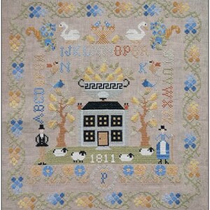 May include: A cross-stitch sampler with a house, trees, and figures in a landscape setting. The house is blue with white windows and a black door. The text "Welcome to our Home" is stitched above the house. The date "1811" is stitched below the house.