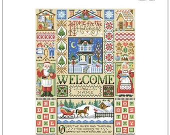 May include: A cross-stitch sampler titled "Home For The Holidays" featuring a winter scene with a house, Santa Claus, and a horse-drawn sleigh. The design includes the text "WELCOME" and "Home For The Holidays".