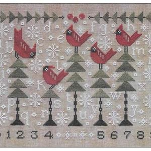 May include: Cross-stitch pattern featuring five red cardinal birds perched on green Christmas trees. The design includes snowflakes, berries, and the numbers 0-9. The background is a neutral beige color, with the letters a-z scattered throughout.