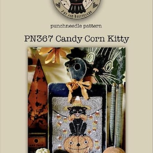 May include: A Halloween-themed punchneedle pattern titled "PN367 Candy Corn Kitty." The image features a black cat wearing a witch hat, sitting on a carved pumpkin. Additional pumpkins and a small white gourd are also present.