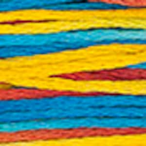 May include: Close-up of a multi-colored yarn skein with yellow, blue, red, and orange stripes. The yarn is soft and textured, perfect for crocheting or knitting.