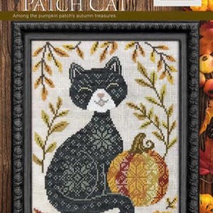 May include: A framed cross-stitch embroidery titled Among the Seasons #1 Pumpkin Patch Cat by Cottage Garden Samplings. It features a black cat with a white face and a patterned body sitting next to a pumpkin, surrounded by autumn leaves.