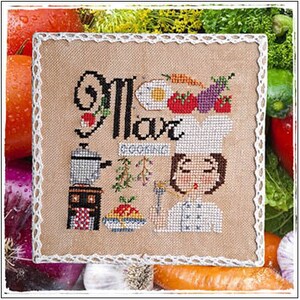 May include: Cross stitch pattern featuring a chef with a red and white hat, holding a spoon and a pot of pasta. The pattern also includes a stove, a pot, a plate of spaghetti, a frying pan with an egg, a tomato, a carrot, an eggplant, and the word "Love Cooking".