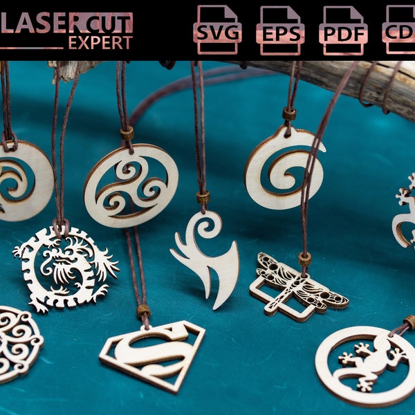 Ensemble de 10 colliers / pendentifs découpés au laser - Fichiers SVG pour la découpe laser - Fichiers CNC / Laser