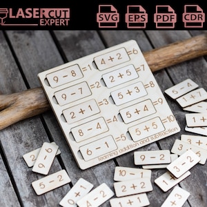 Pode incluir: Brinquedo de aprendizagem de madeira com um conjunto de equações matemáticas e respostas. As equações são impressas em peças de madeira e as respostas em peças separadas. As peças são dispostas sobre uma superfície de madeira. O brinquedo é projetado para ajudar as crianças a aprender adição e subtração.