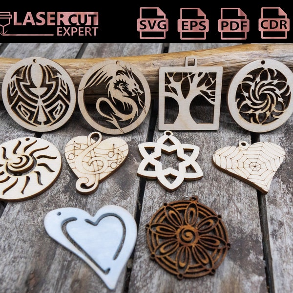 Set of 10 Laser Cut Necklaces Designs - Vector SVG files for laser cutting - Glowforge Pendant file