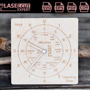 Puede incluir: Un reloj cuadrado de madera con marcas cortadas con láser para aprender la hora. La esfera del reloj presenta números, marcadores de minutos y las palabras "Hour", "Minutes" y "Learning Time". Las manecillas del reloj son plateadas.
