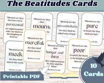The Beatitudes, Beatitudes, Beatitudes Printable, Matthew 5, Sunday School Prints, Kids Bible Cards, Bible Flash Cards, Bible Verse Cards
