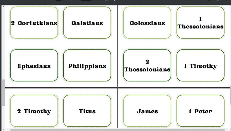 May include: A grid of twelve rectangular cards with rounded corners, each containing a book of the Bible. The text includes "2 Corinthians", "Galatians", "Colossians", "1 Thessalonians", "Ephesians", "Philippians", "2 Thessalonians", "1 Timothy", "2 Timothy", "Titus", "James", and "1 Peter".