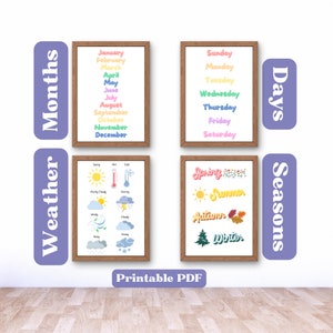 Días de la semana, Meses del año, Estaciones del año, Póster del tiempo, Póster de estaciones, Póster de meses, Días de la semana, Arte mural para la educación en casa