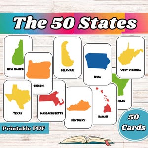 May include: Printable flashcards featuring outlines of the 50 US states in various colors. The title "The 50 States" is at the top of the image. The text "Printable PDF" is at the bottom of the image.
