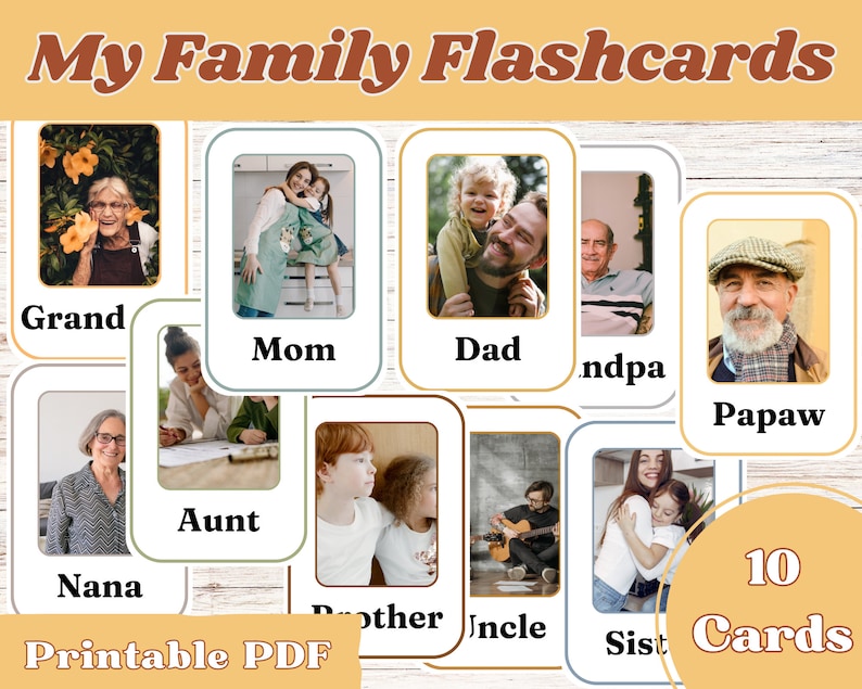 Op de afbeelding: Een set van 10 printbare flashcards met foto's van familieleden. De kaarten bevatten foto's van een grootouder, moeder, vader, tante, oma, broer, oom, zus en twee andere familieleden. De kaarten zijn gelabeld met de naam van het overeenkomstige familielid. De tekst "Mijn Familie Flashcards" en "Printbare PDF" is ook op de kaarten opgenomen.