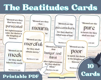 The Beatitudes, Beatitudes, Beatitudes Printable, Matthew 5, Sunday School Prints, Kids Bible Cards, Bible Flash Cards, Bible Verse Cards