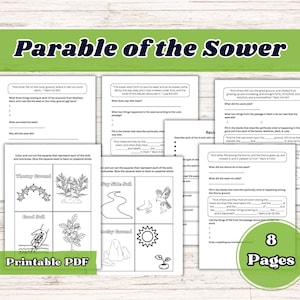 May include: Printable PDF worksheet for teaching the Parable of the Sower. The worksheet includes four different types of soil: thorny ground, wayside soil, good soil, and rocky ground. Each soil type is represented by a colorful illustration and a description of the outcome of the seed sown in that soil. The worksheet also includes questions about the parable and a space for drawing a seedling surrounded by thorns.