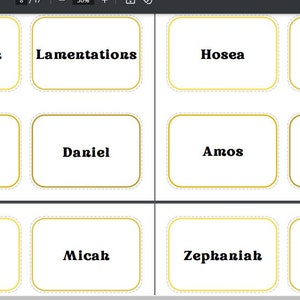 May include: A grid of twelve white cards with rounded corners, each featuring a gold border and a black title. The titles include biblical book names such as Jeremiah, Lamentations, Hosea, and Joel. The cards are arranged in three rows of four.