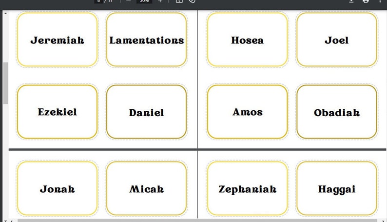 May include: A grid of twelve white cards with rounded corners, each featuring a gold border and a black title. The titles include biblical book names such as Jeremiah, Lamentations, Hosea, and Joel. The cards are arranged in three rows of four.