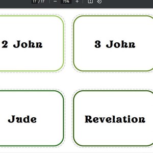May include: Four white rectangular cards with rounded corners, each featuring a different book of the Bible: "2 John", "3 John", "Jude", and "Revelation". The text is in a bold, black font, and each card has a green border.