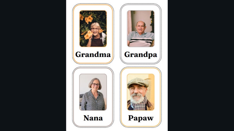 Op de afbeelding: Vier kaarten met foto's van oudere mensen en hun namen eronder. De namen zijn Oma, Opa, Nana en Papaw.