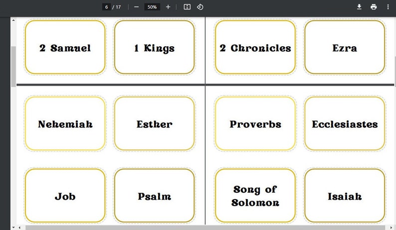 May include: A page featuring eight rectangular cards with rounded corners, each with a gold border and a title in black text. The titles include "2 Samuel", "1 Kings", "2 Chronicles", "Ezra", "Nehemiah", "Esther", "Proverbs", and "Ecclesiastes".
