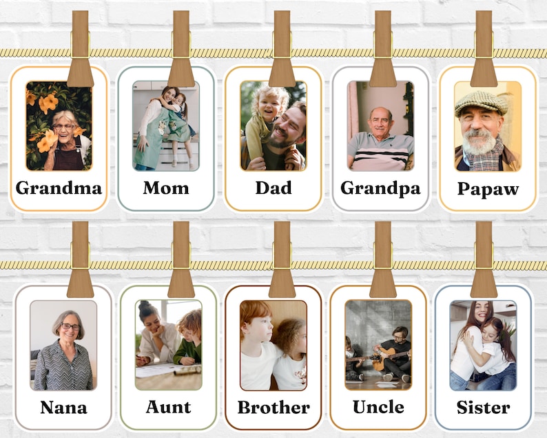 Op de afbeelding: Een set van tien fotolijsten met bruine houten clips die aan een touwtje hangen. Elk lijstje heeft een foto van een ander familielid en de naam eronder geschreven. De namen zijn: Oma, Moeder, Vader, Opa, Papaw, Nana, Tante, Broer, Oom en Zus.