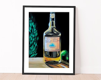 May include: A painting of a bottle of Casamigos Tequila Reposado, with a green agave plant in the background. The bottle is on a wooden surface with a lime next to it.